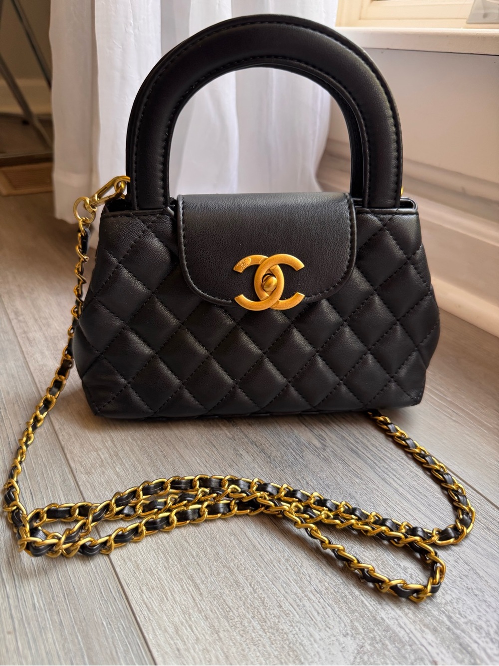 Black Quilted Mini Top Handle Bag with Gold Hardware